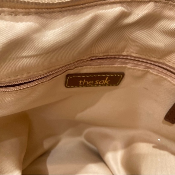 The Sak neutral stripe crochet over gold metallic shoulder bag top zipper - Picture 7 of 13